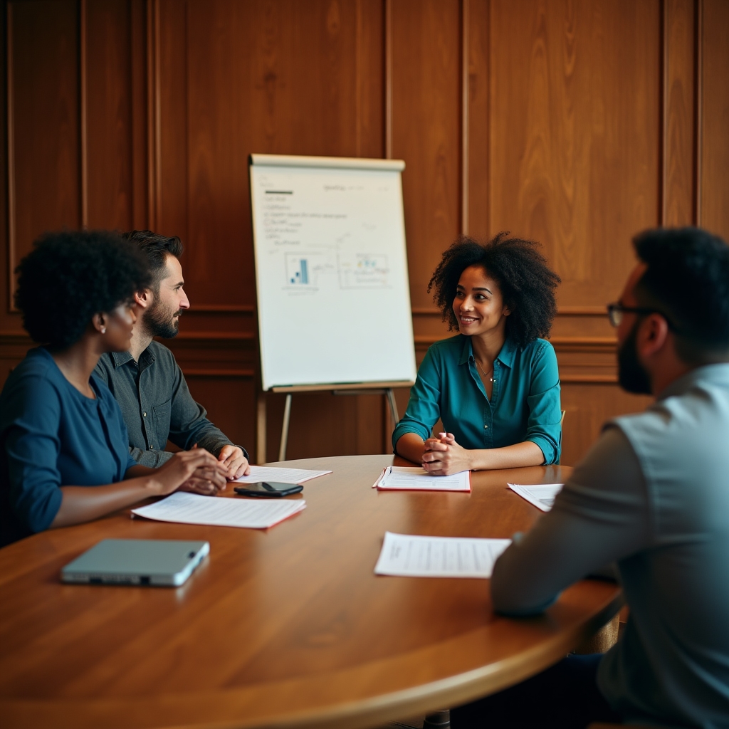 Small group of diverse freelancers attending a financial organization session in a warmly lit office with wood paneling