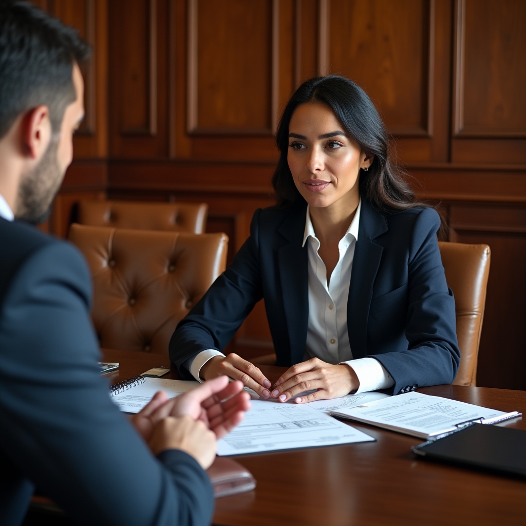 Two professionals in discussion at a wood-paneled office, reviewing handwritten notes about financial organization