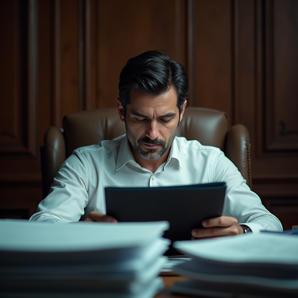 Professional reviewing organized financial documents with calm focus at a classic leather-furnished office