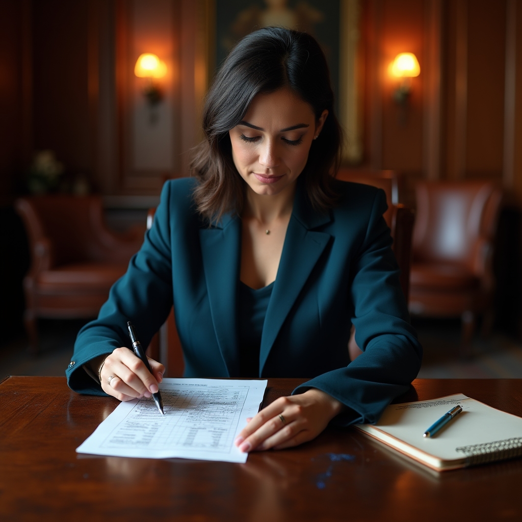 Freelancer reviewing financial notes independently at a classic wood-paneled office desk
