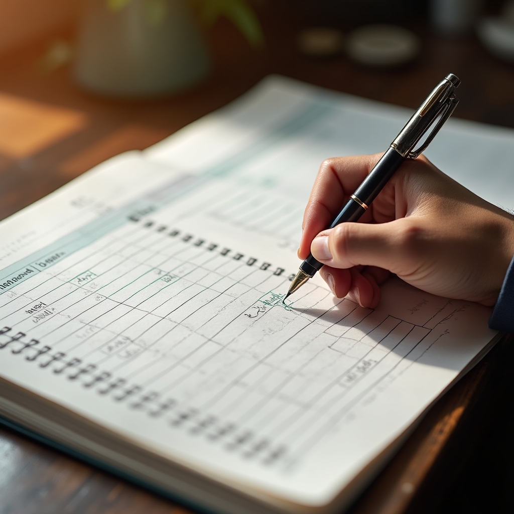 Close-up of handwritten ledger with income and expense columns, pen resting beside open pages