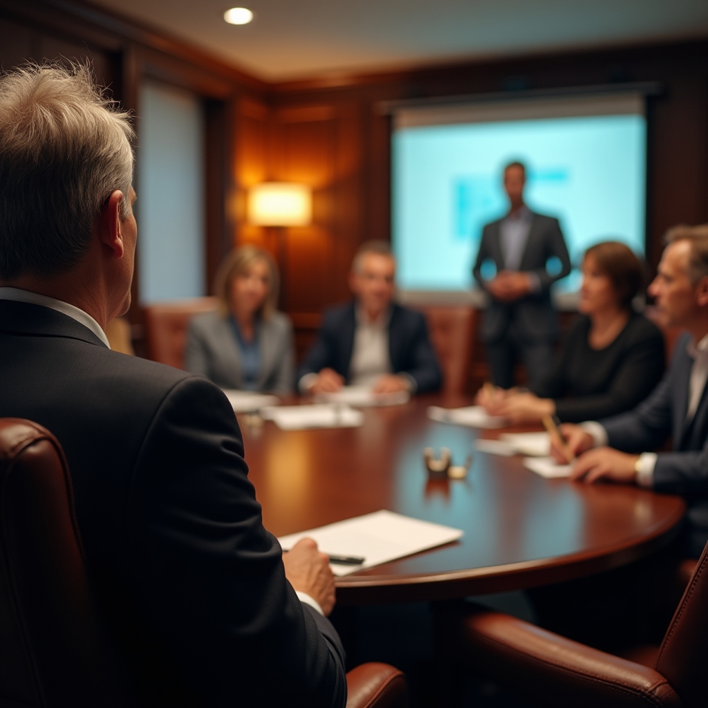 Diverse group of professionals attending a financial literacy workshop in a structured classic office setting