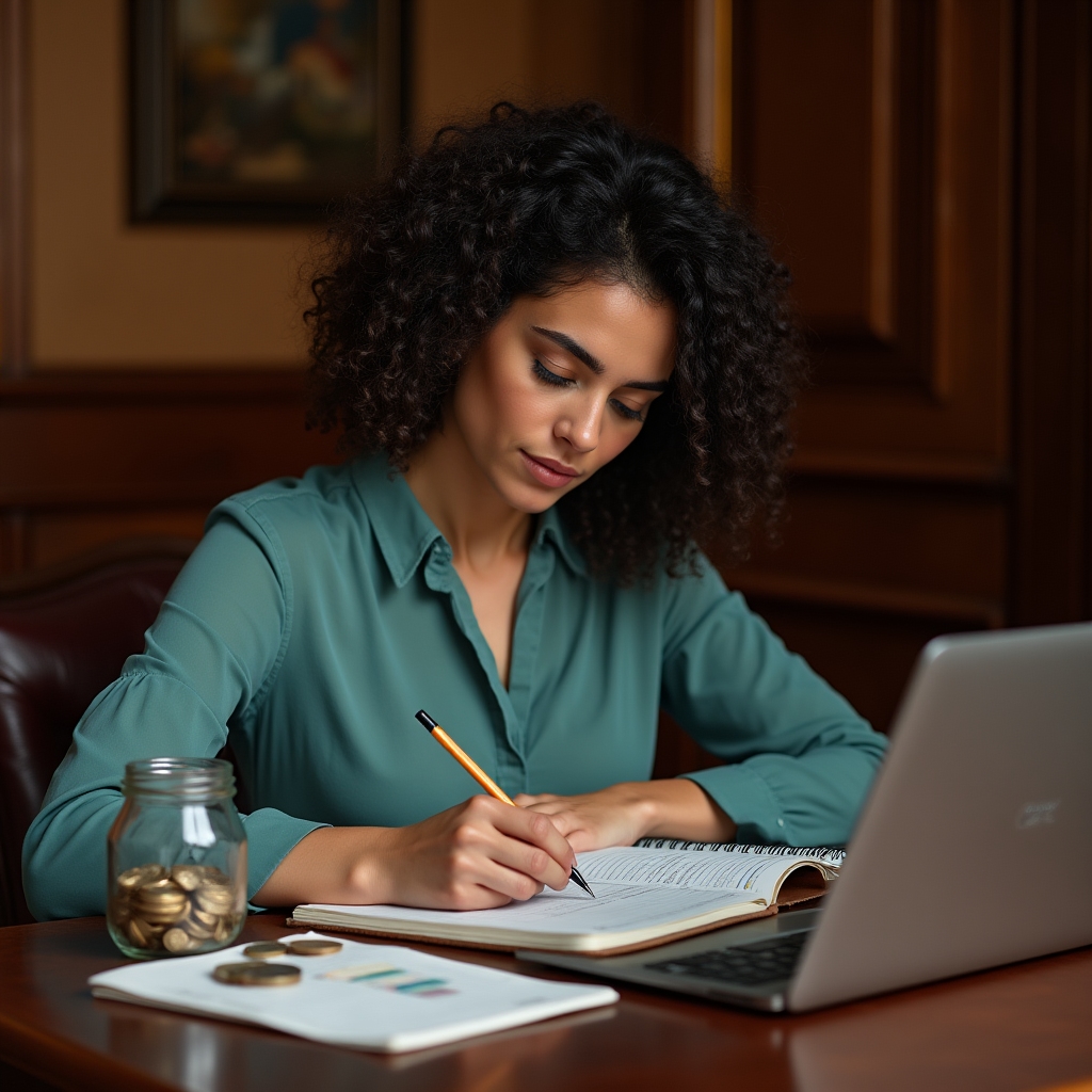 Professional calculating tax reserves with a notebook and pen beside a laptop in warm office light